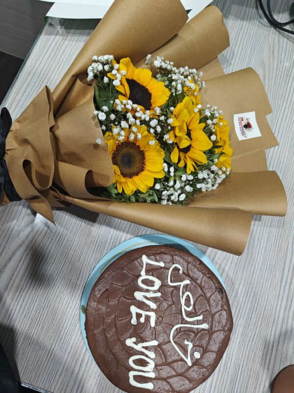 Sunshine Sweetness Sunflower Bouquet and cake